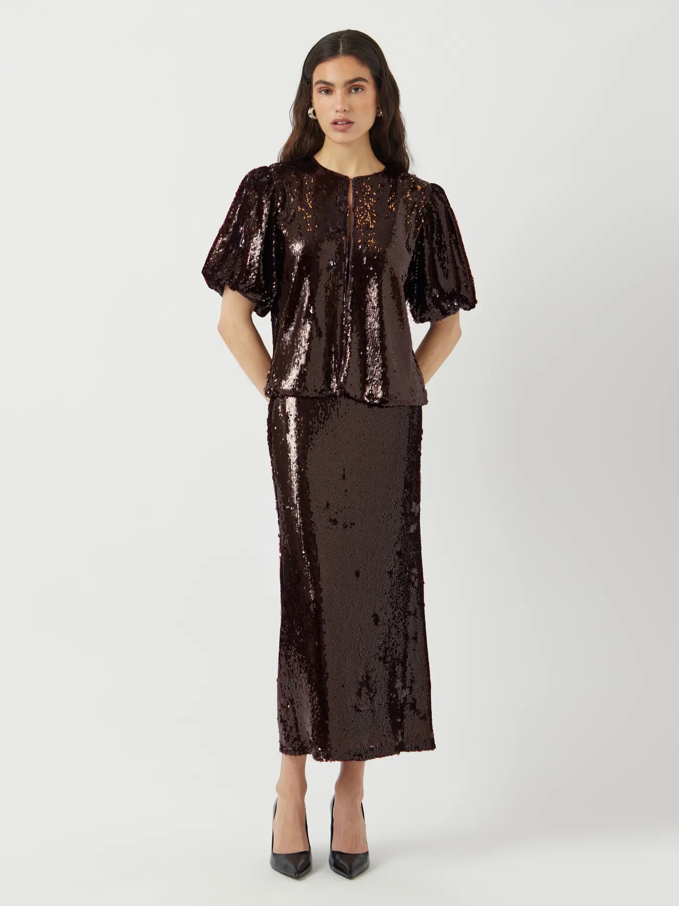 YASROYALINA BURGUNDY WET LOOK SEQUIN TOP