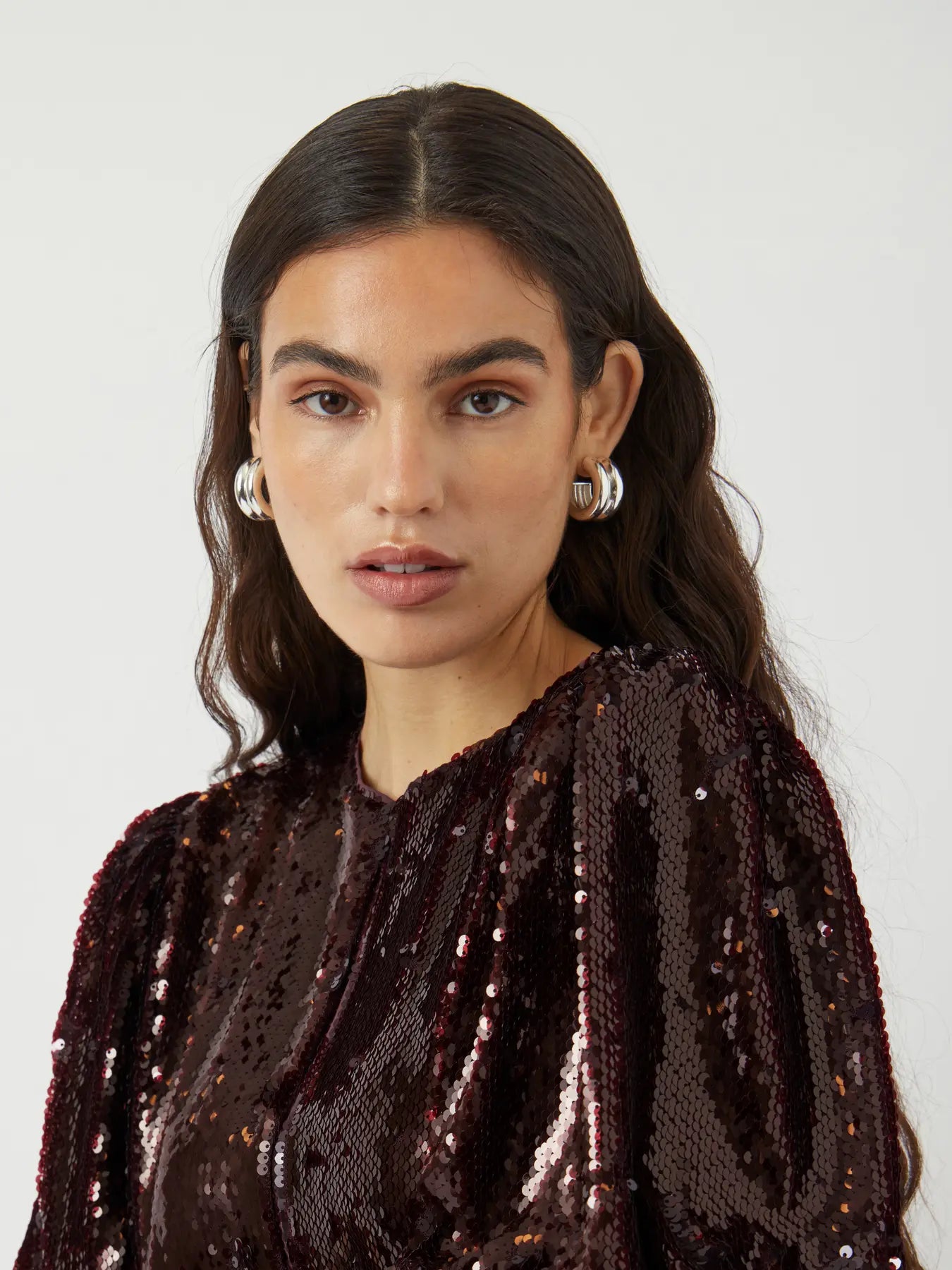 YASROYALINA BURGUNDY WET LOOK SEQUIN TOP