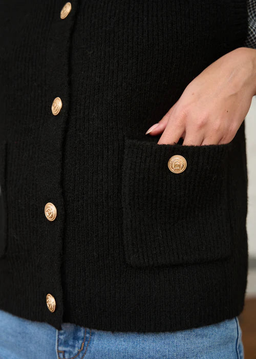 Cara fluffy black waistcoat with gold buttons
