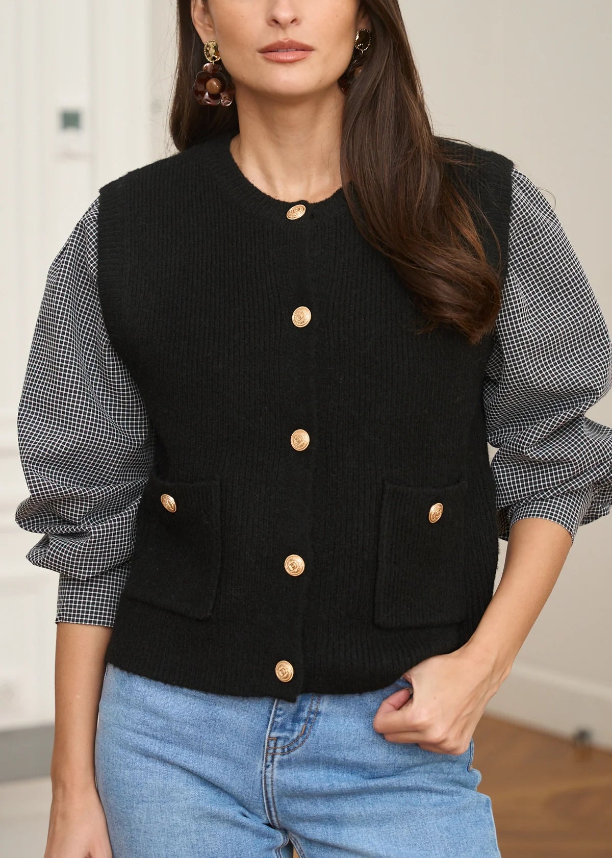 Cara fluffy black waistcoat with gold buttons