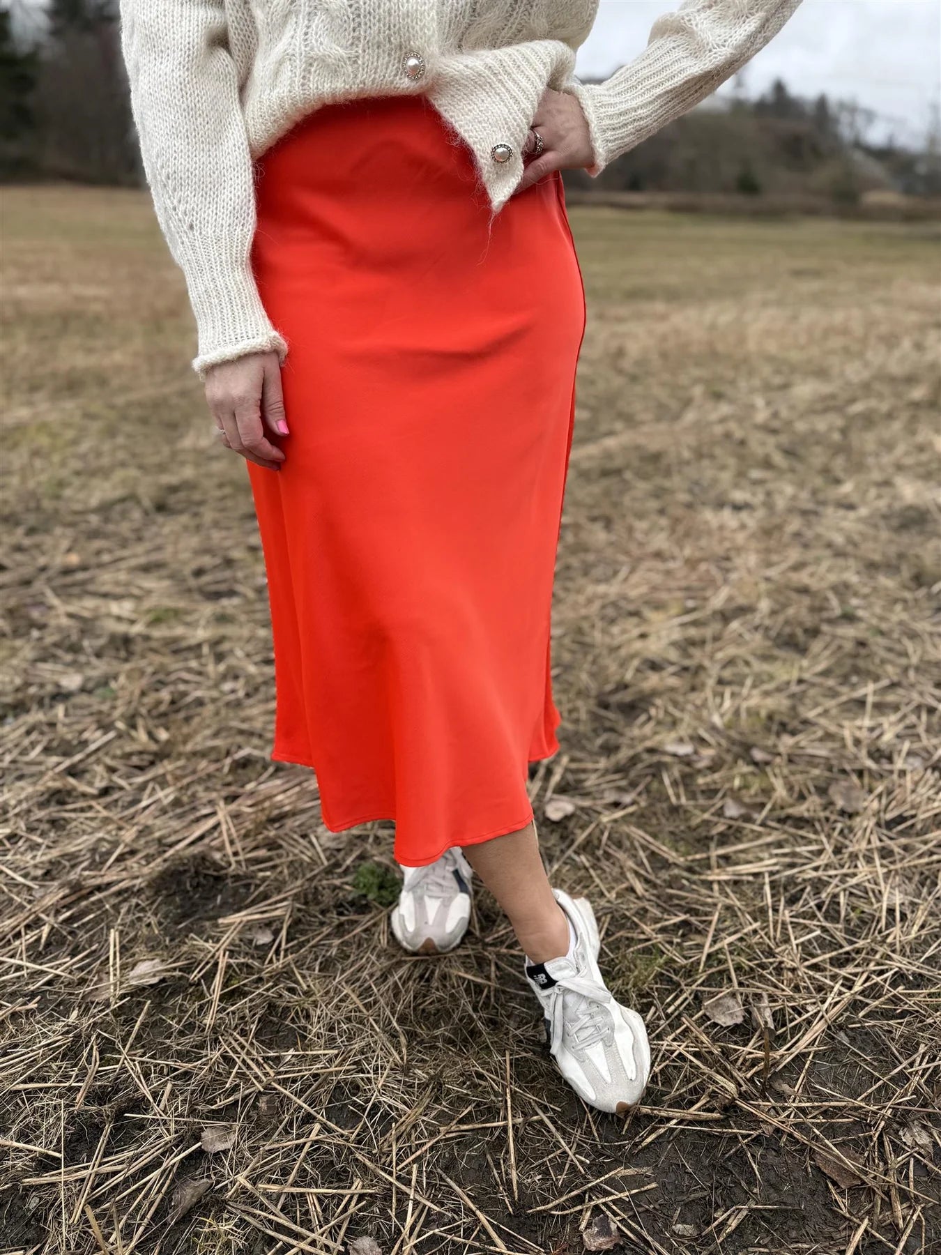 YASPELLA midi satin orange red slip skirt