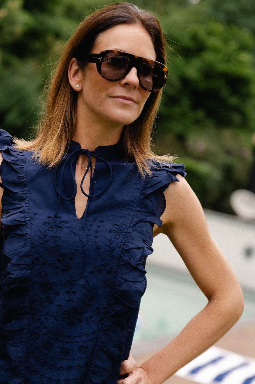 YAS navy sleeveless embroidered blouse