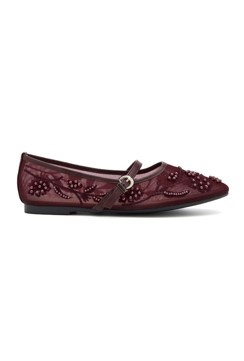 Burgundy pearl embellished mesh flat pumps