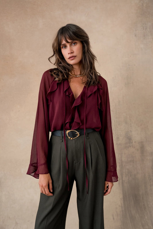 Maria burgundy ruffle blouse