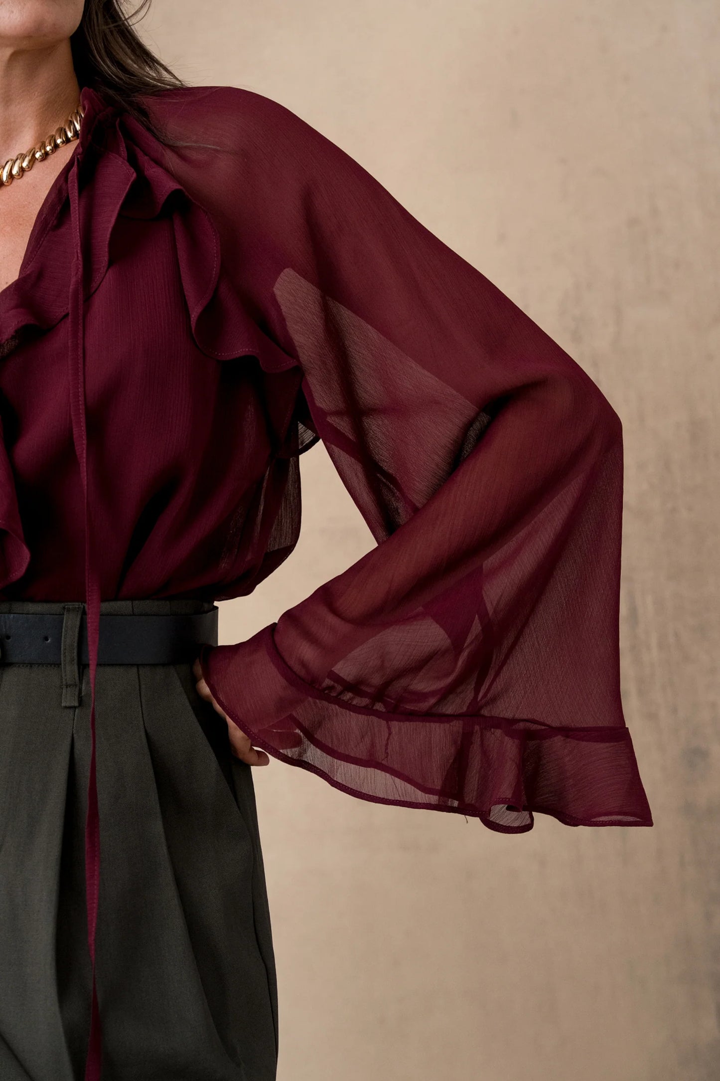 Maria burgundy ruffle blouse