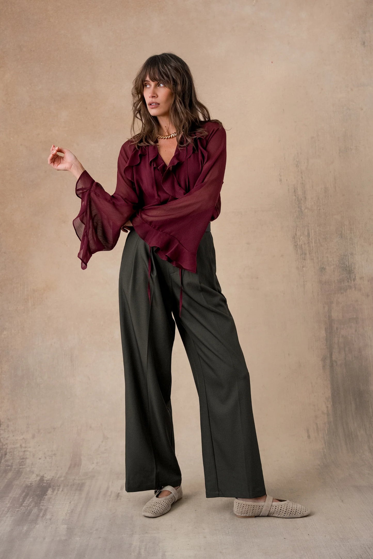 Maria burgundy ruffle blouse