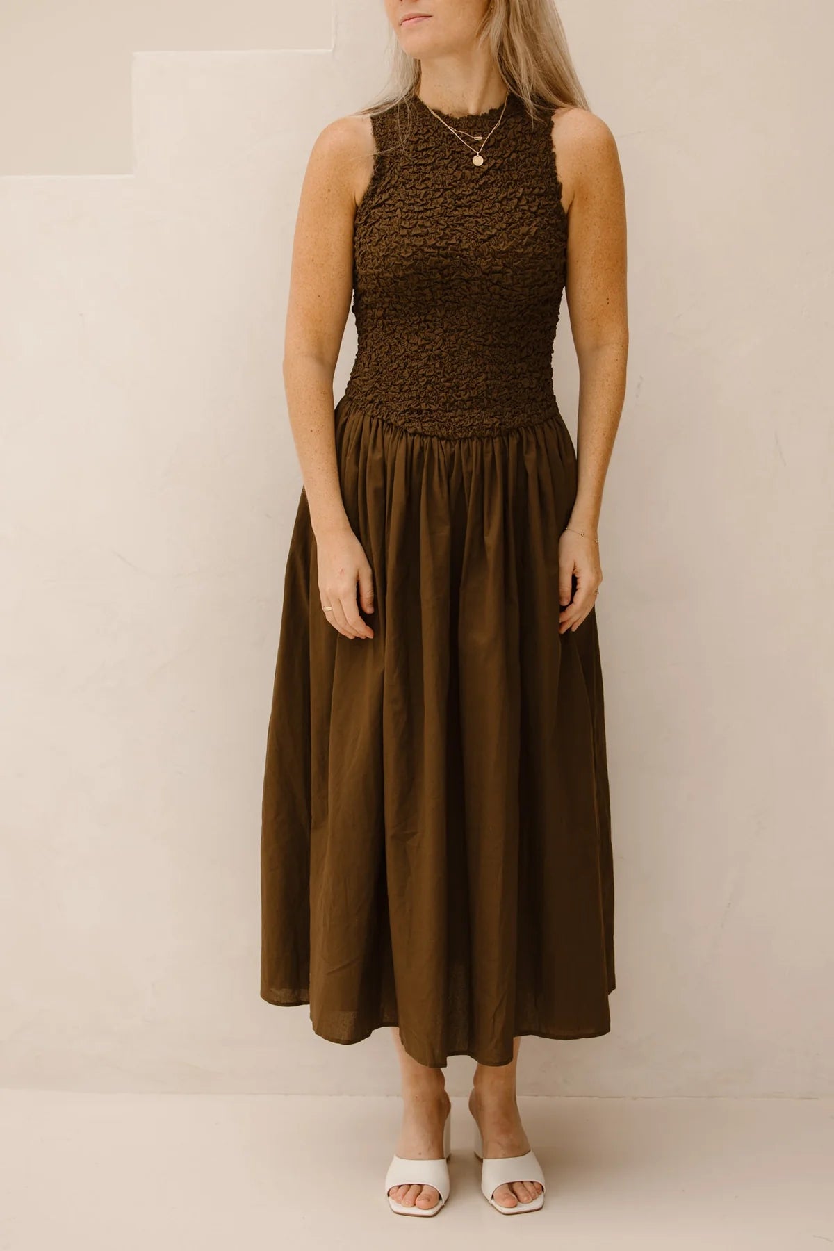 Mila ruched cotton brown dress