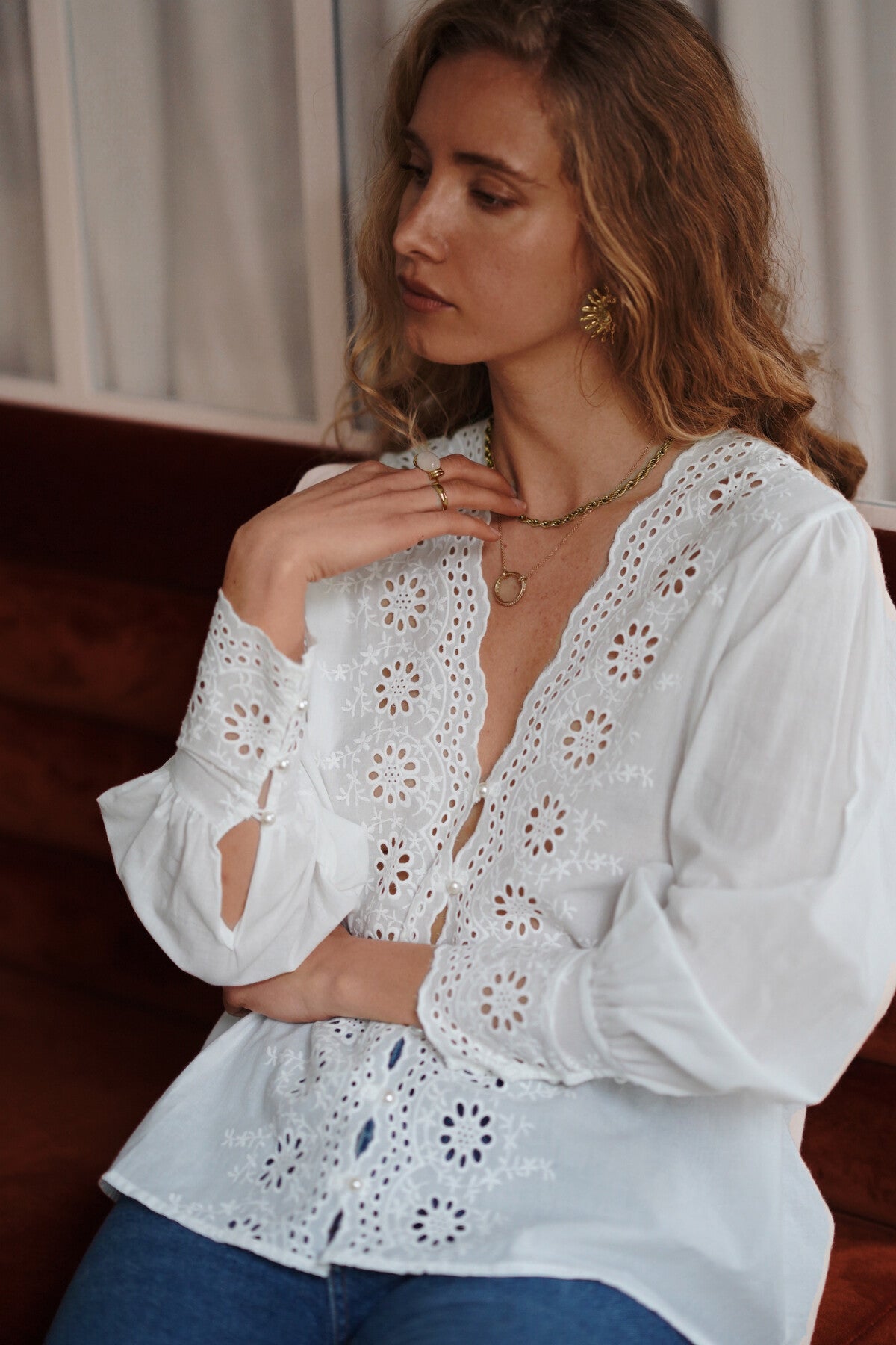 Amelia pearl button embroidered blouse