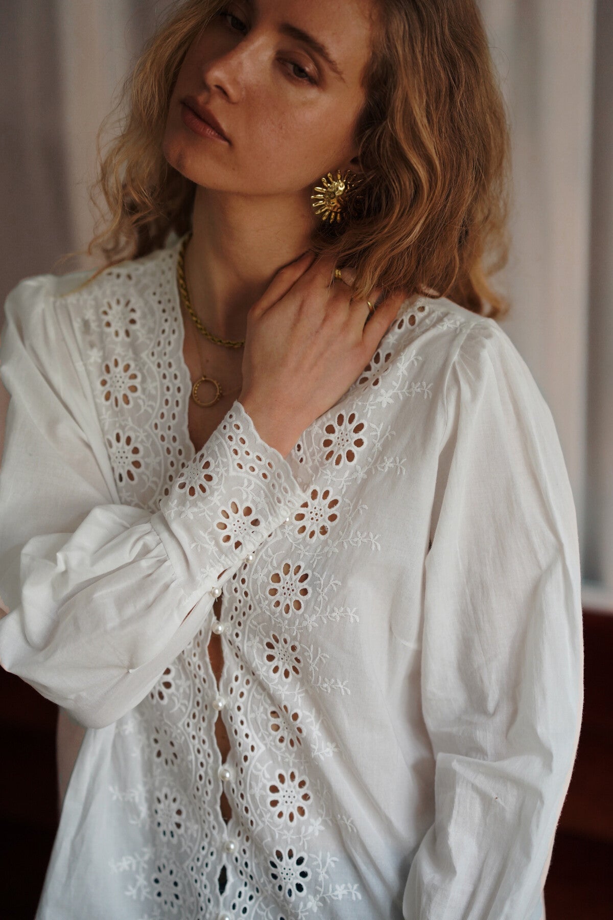 Amelia pearl button embroidered blouse