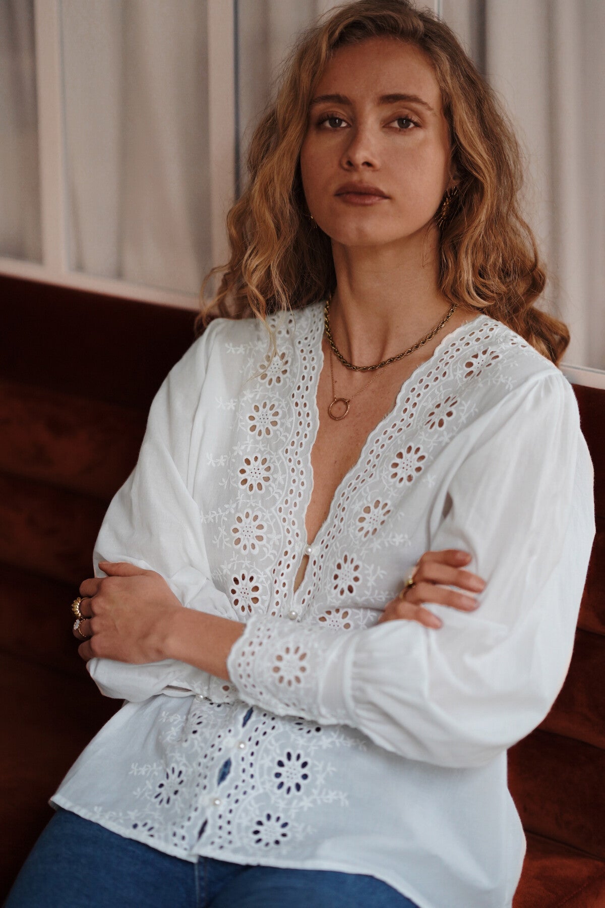 Amelia pearl button embroidered blouse