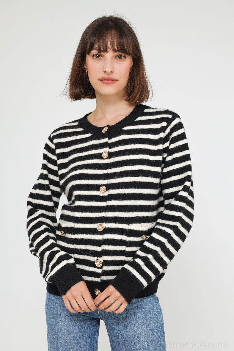 Kara flower pearl button striped cardigan
