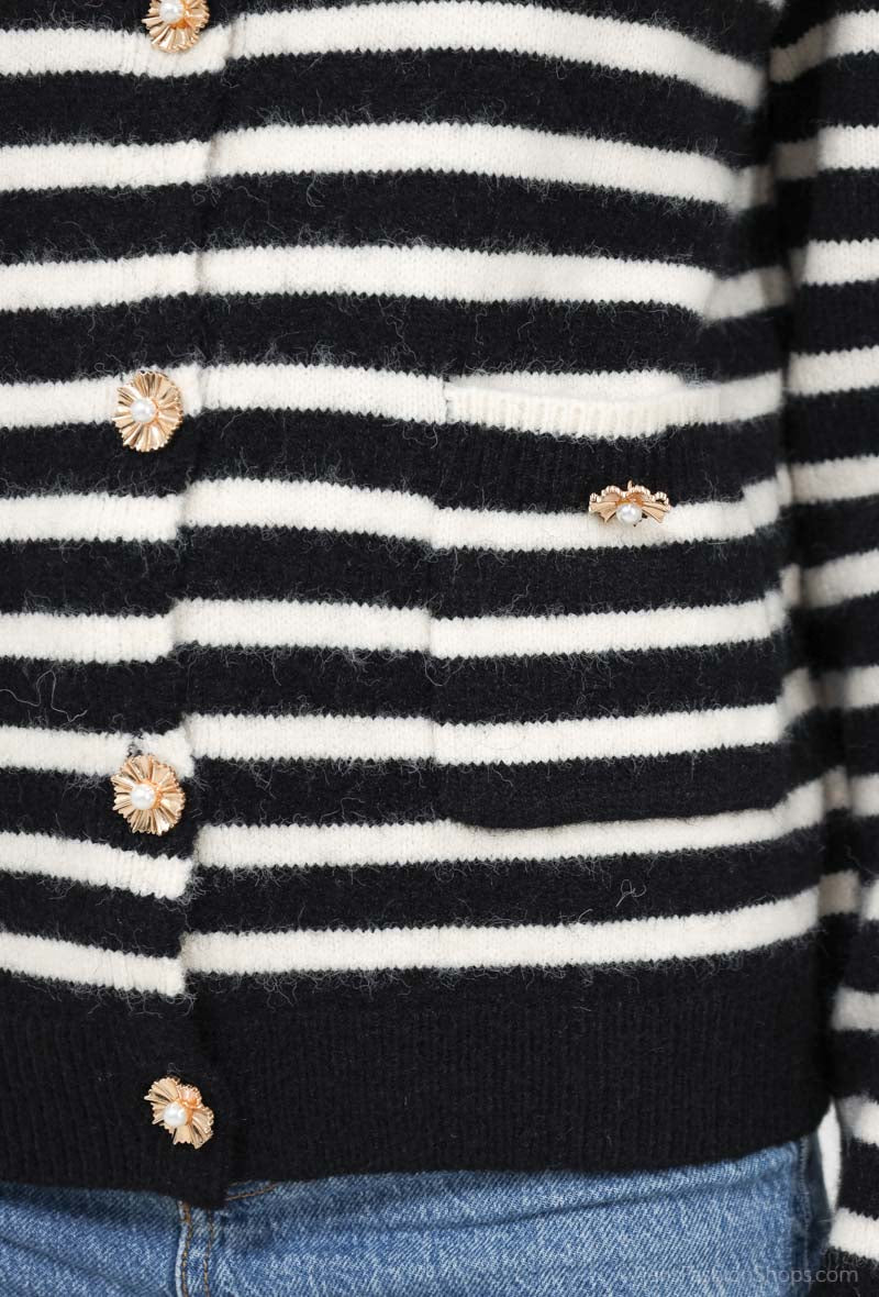 Kara flower pearl button striped cardigan