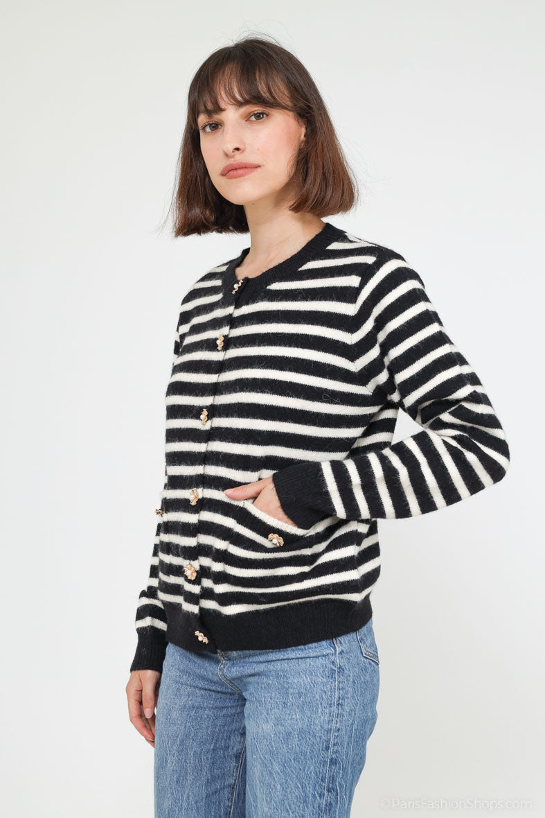 Kara flower pearl button striped cardigan