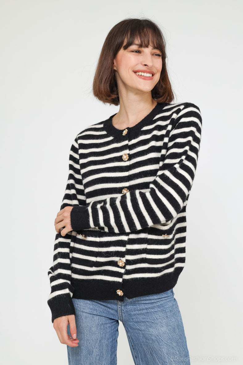 Kara flower pearl button striped cardigan