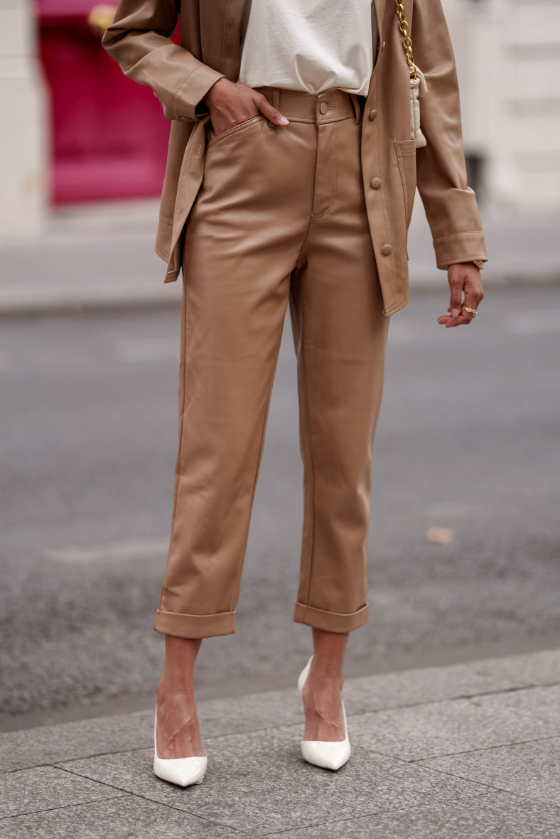 Beige wide leg leather trousers