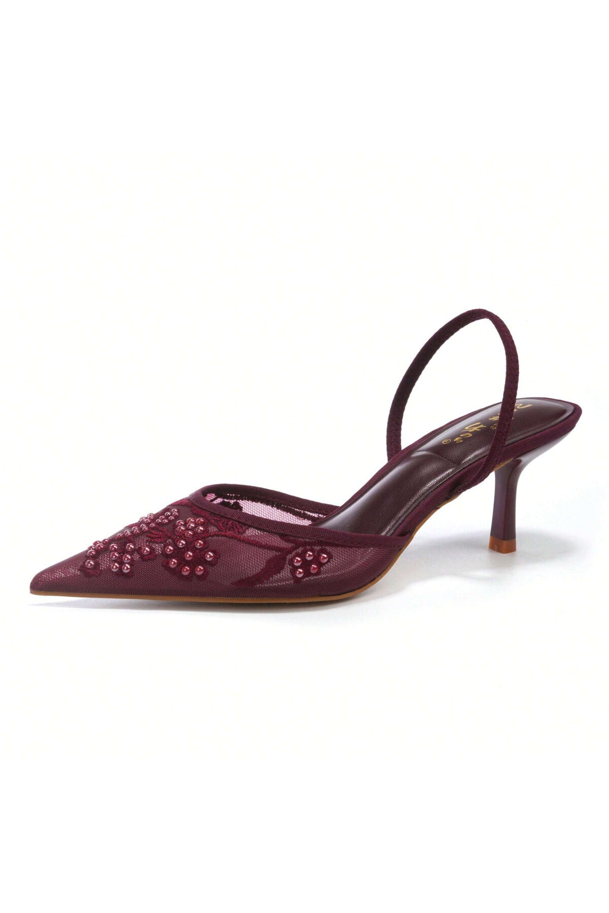 Burgundy embellished sling back mid heel shoes