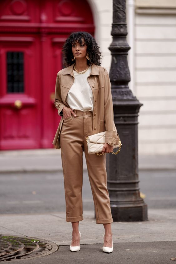 Beige wide leg leather trousers