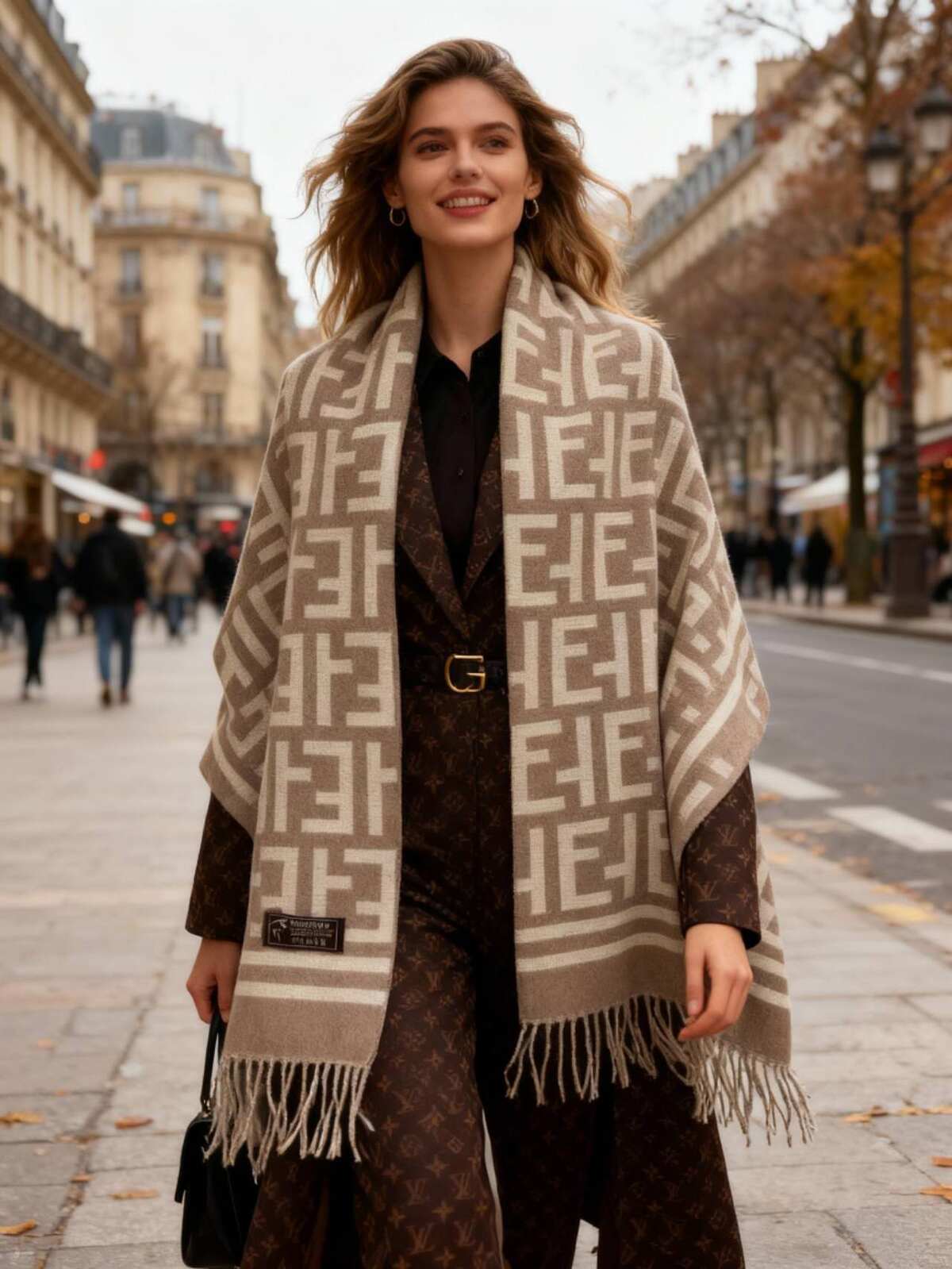 Taupe printed wool scarf