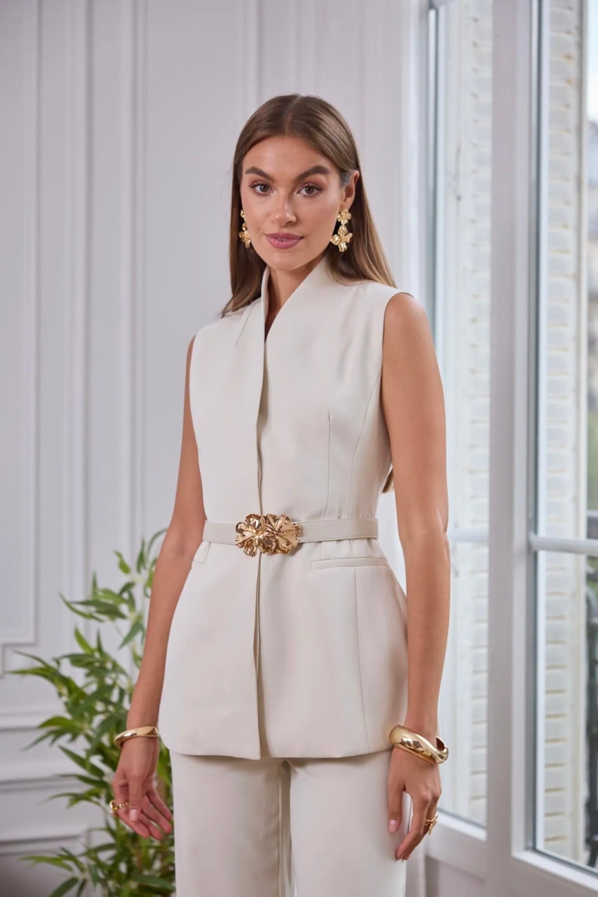 India ivory sleeveless vest with belt