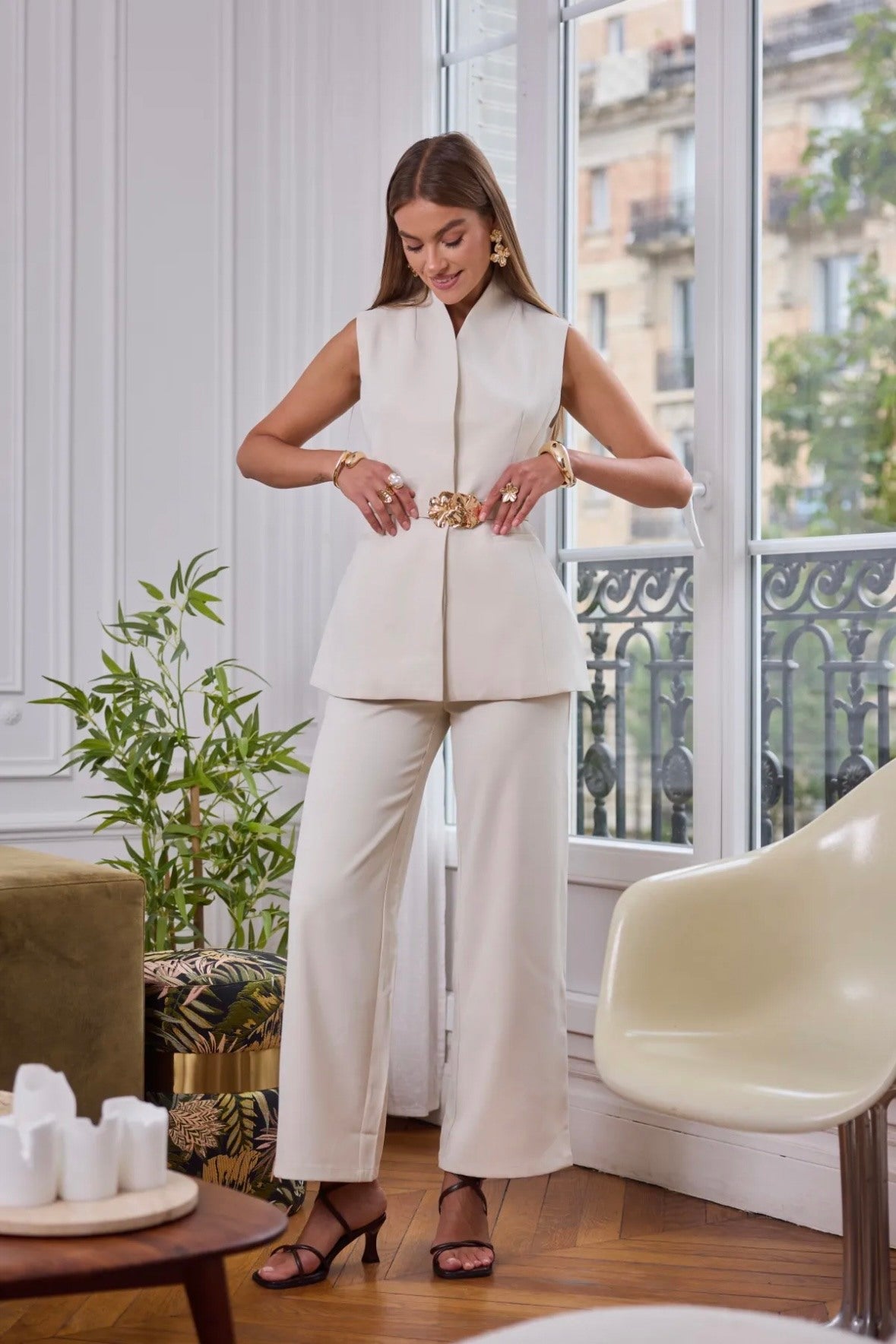 India ivory sleeveless vest with belt