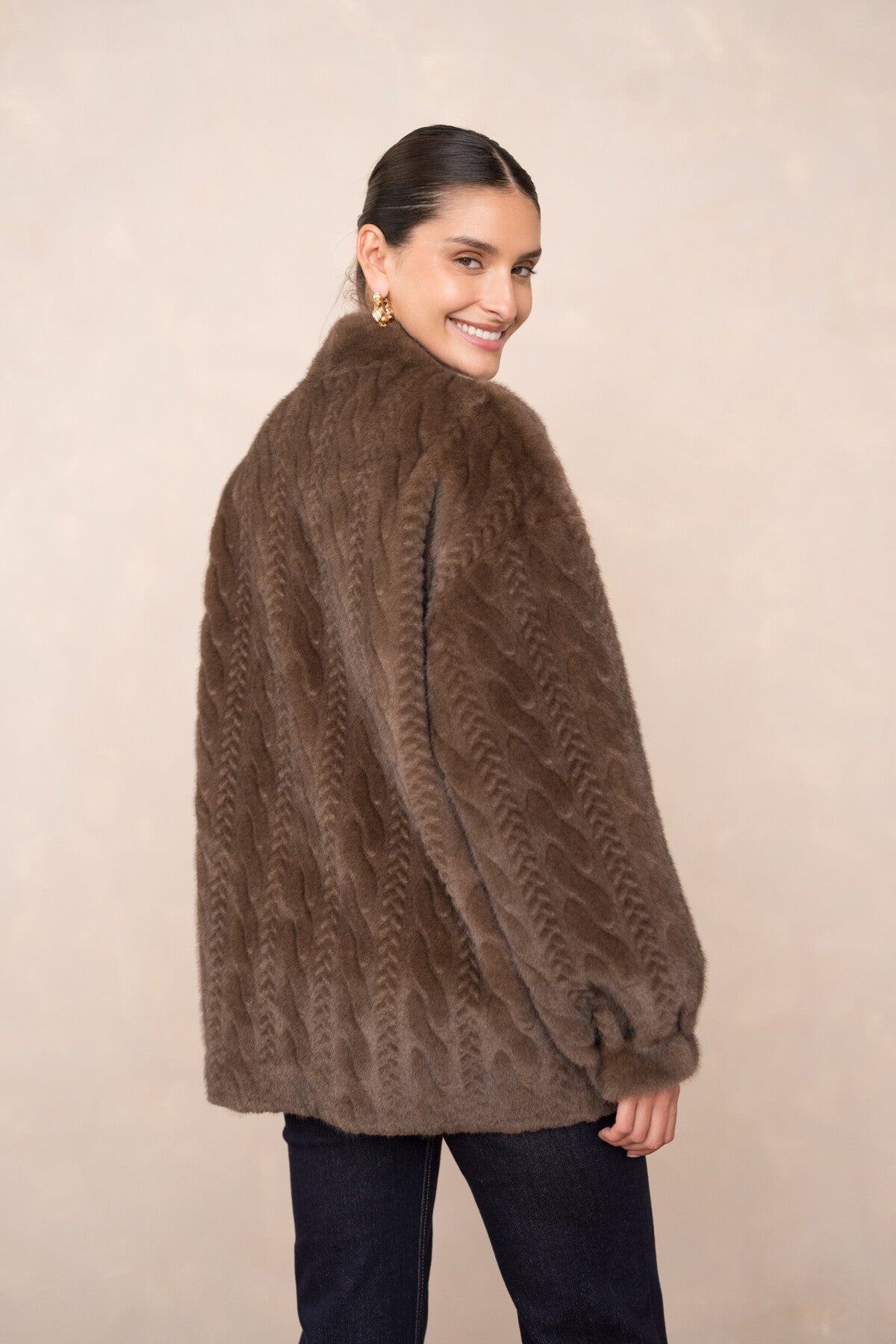 Adeline brown thick faux fur cable jacket