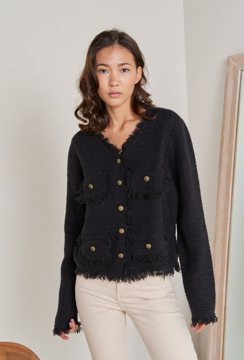 Buttoned cardigan with frayed edging