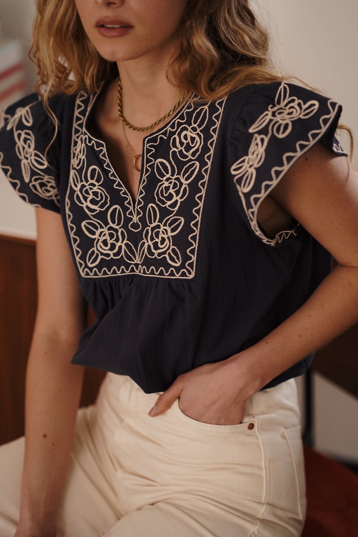 Katy navy statement sleeve blouse