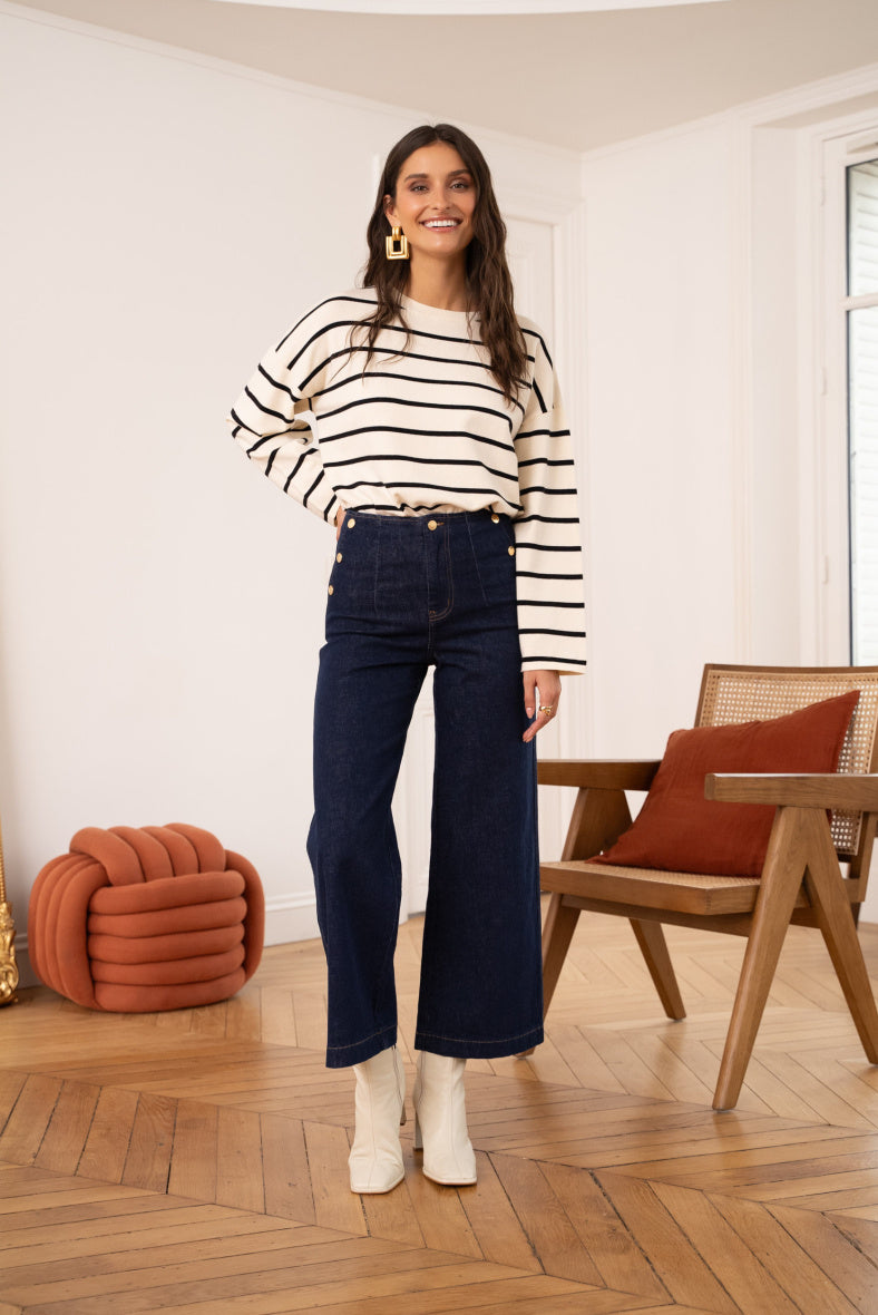 Venice wide leg navy blue jeans with gold front buttons