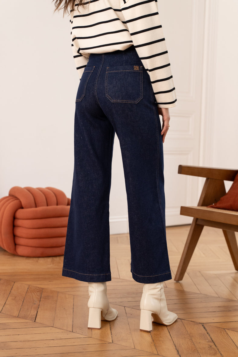 Venice wide leg navy blue jeans with gold front buttons