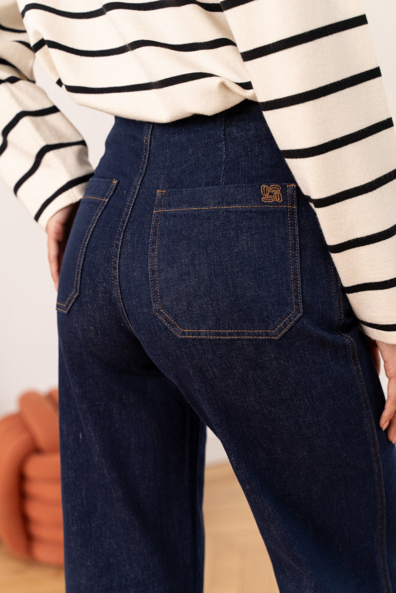Venice wide leg navy blue jeans with gold front buttons