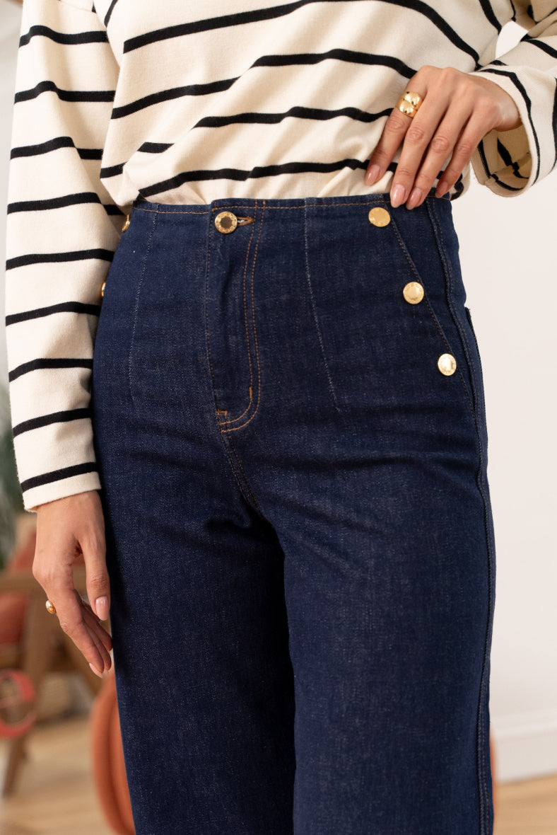 Venice wide leg navy blue jeans with gold front buttons