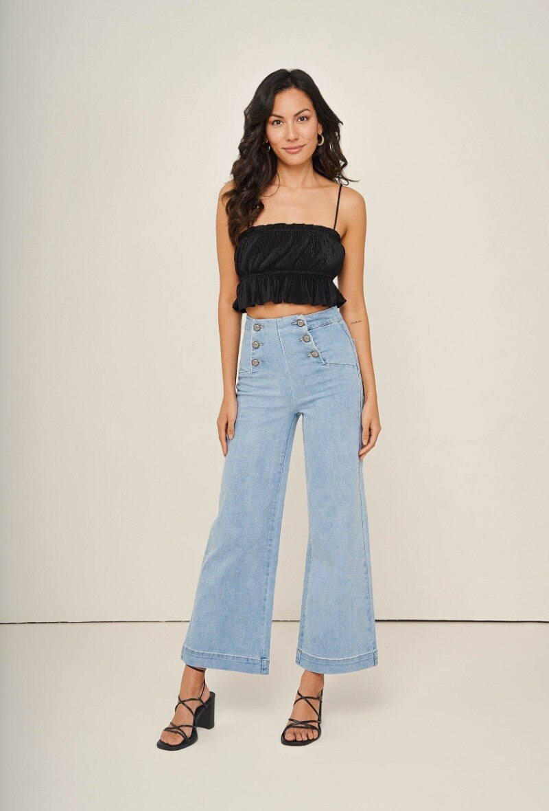 Light blue wide leg jeans with front buttons