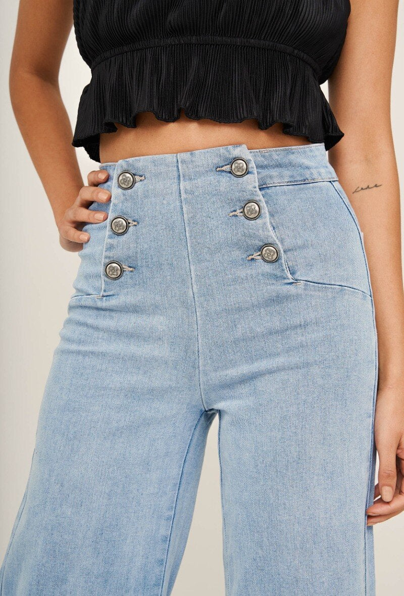 Light blue wide leg jeans with front buttons