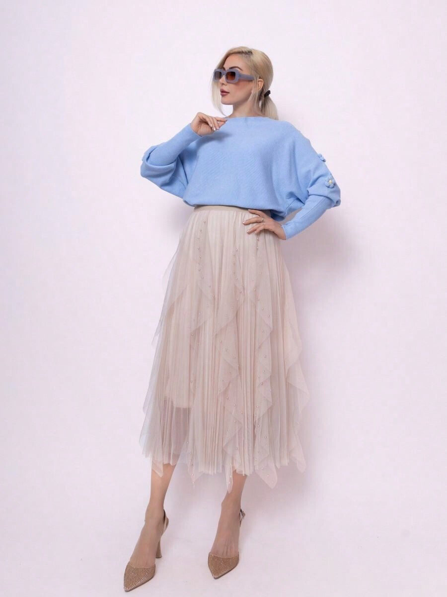 Pearl detail tulle beige skirt