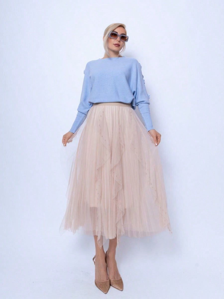 Pearl detail tulle beige skirt