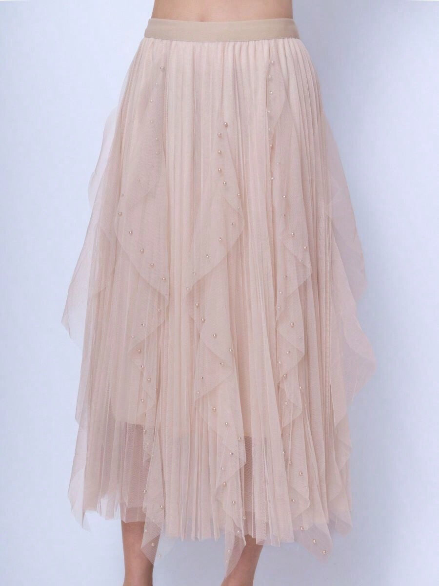 Pearl detail tulle beige skirt