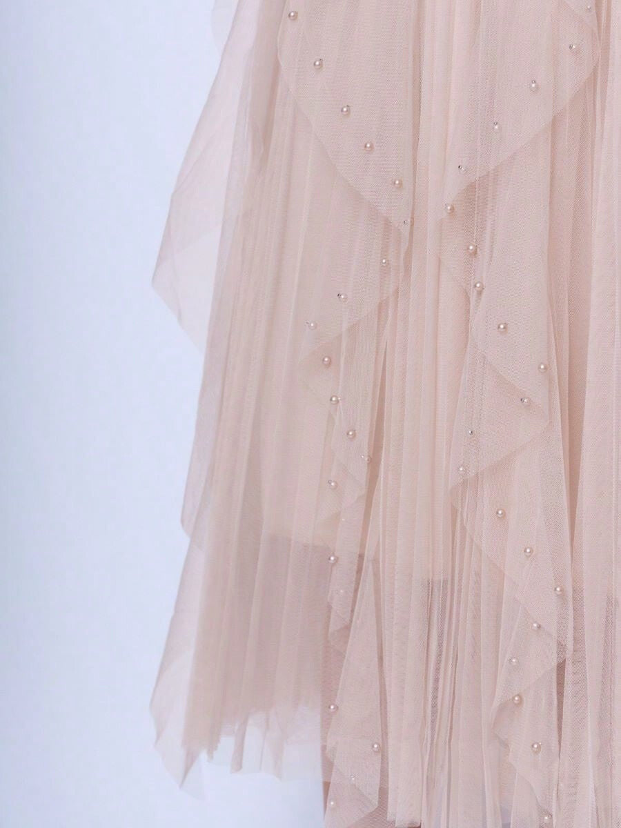 Pearl detail tulle beige skirt