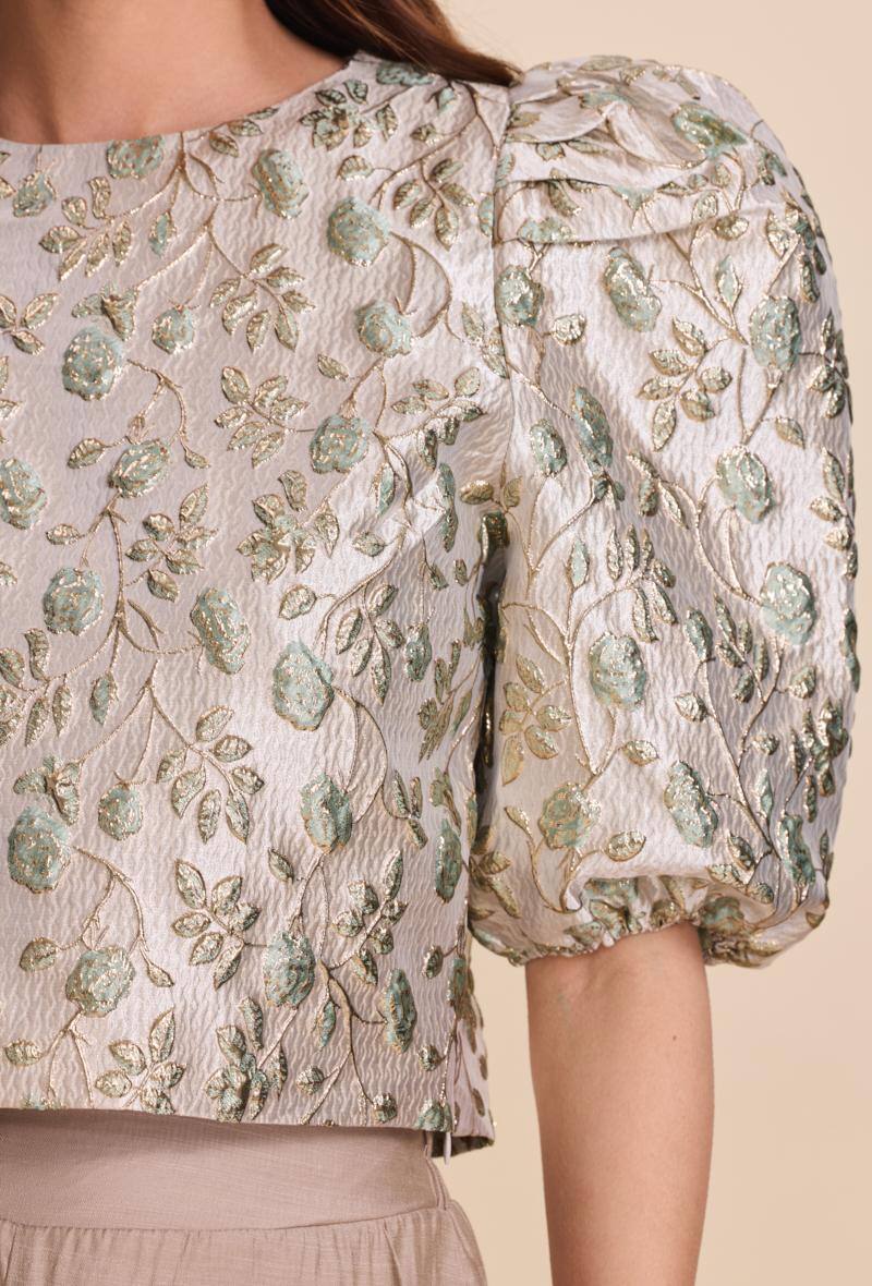 Olivia green jacquard balloon sleeve top