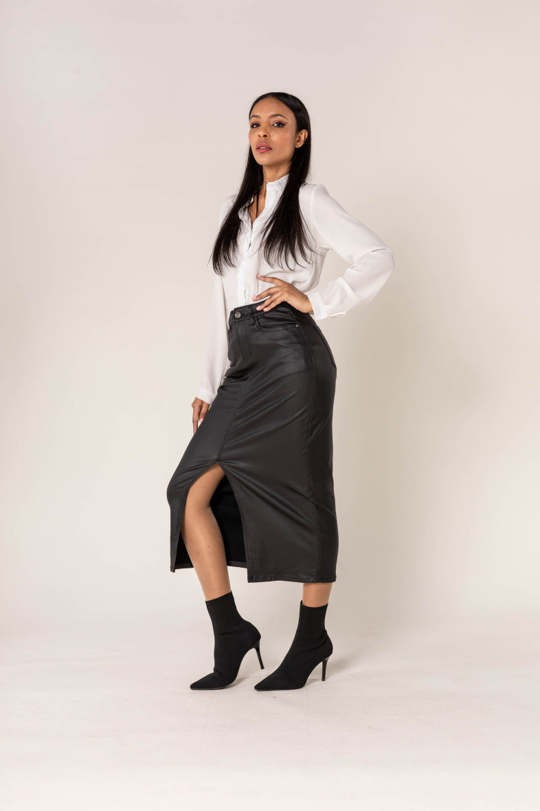 Long leather skirt with slit