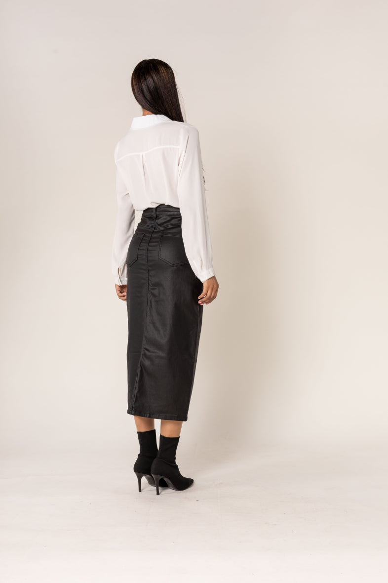 Long leather skirt with slit