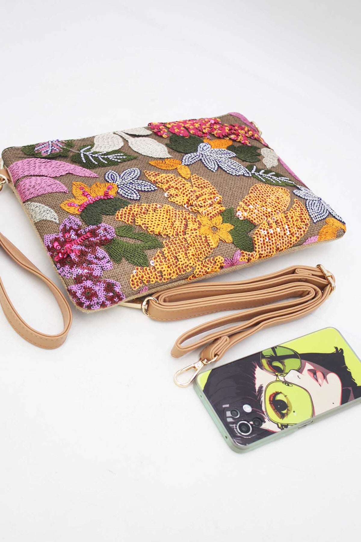Blazing sun sequin floral clutch bag pouch
