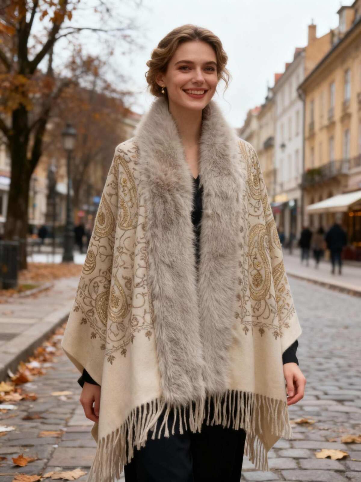 Adele embroidered beige poncho fur trim cape scarf