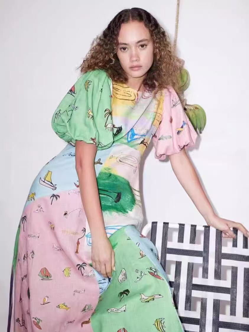 Vacation house puff sleeve organic linen dress