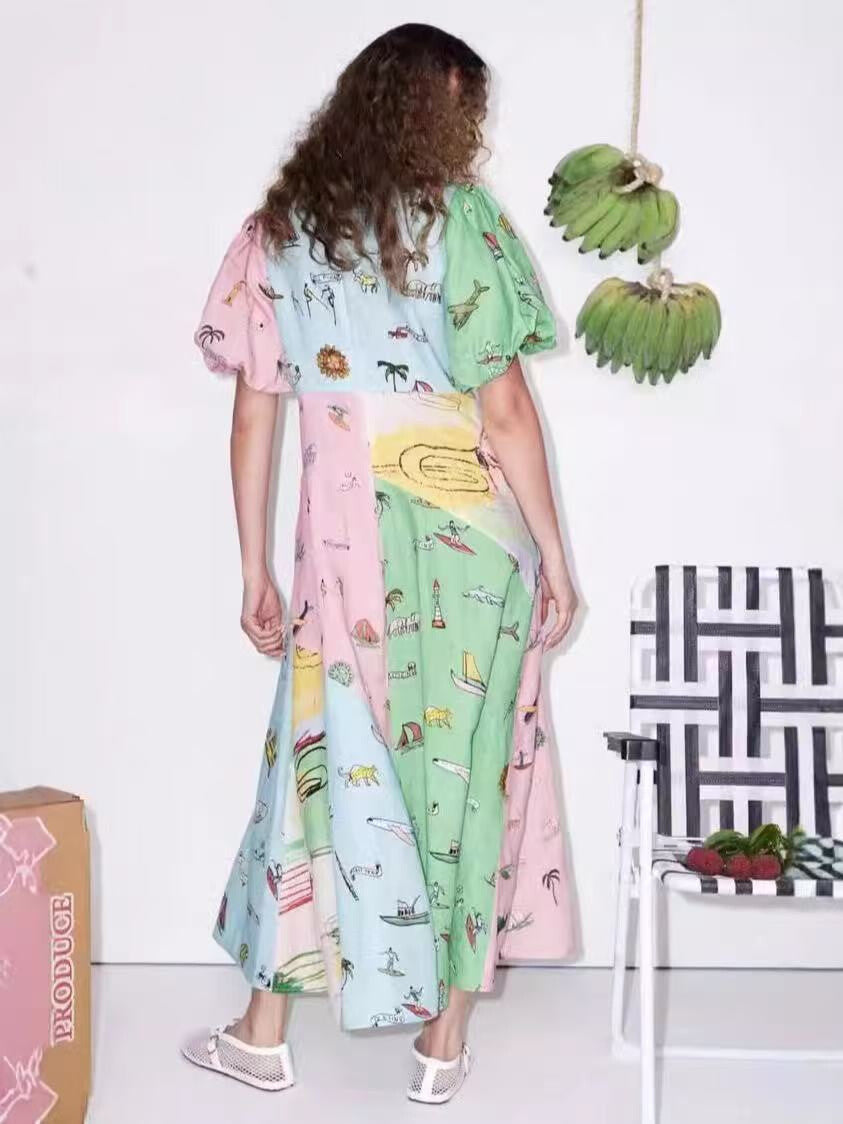 Vacation house puff sleeve organic linen dress