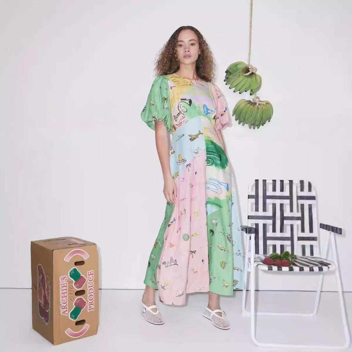 Vacation house puff sleeve organic linen dress