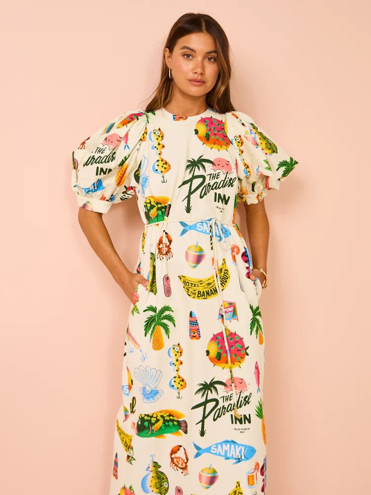 The Paradise Inn puff sleeve organic linen dress