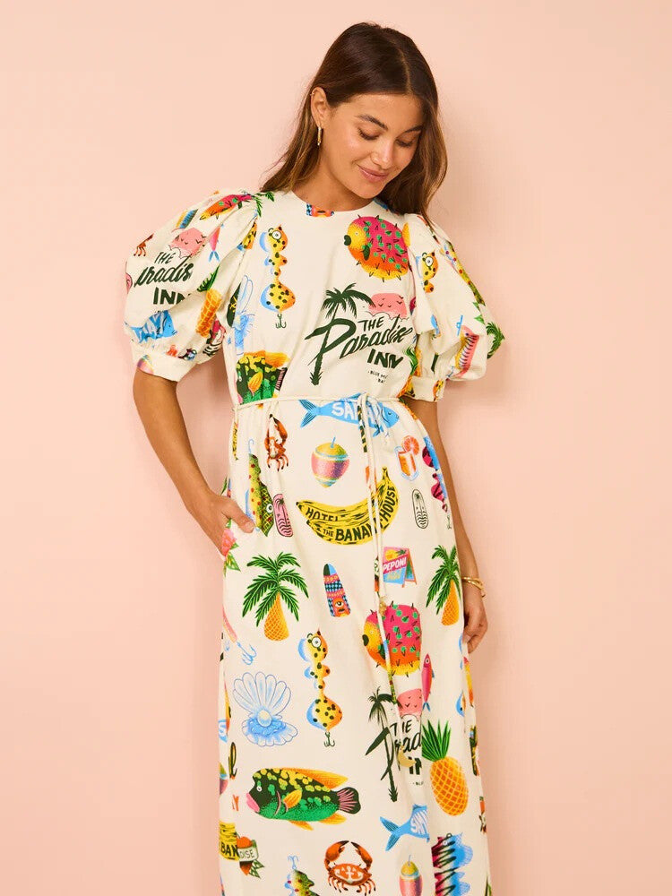 The Paradise Inn puff sleeve organic linen dress