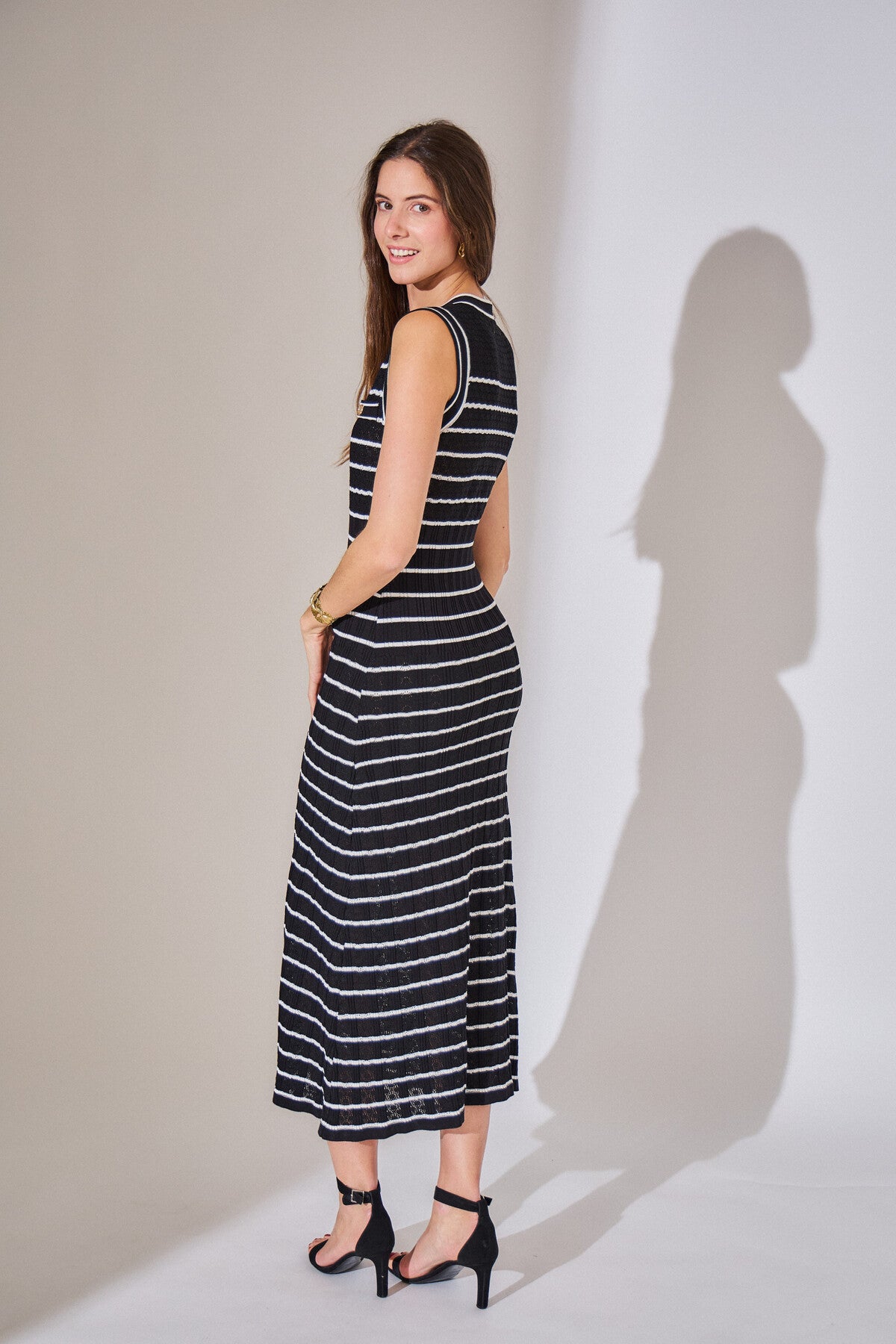 Sophie black stripe long dress with gold buttons