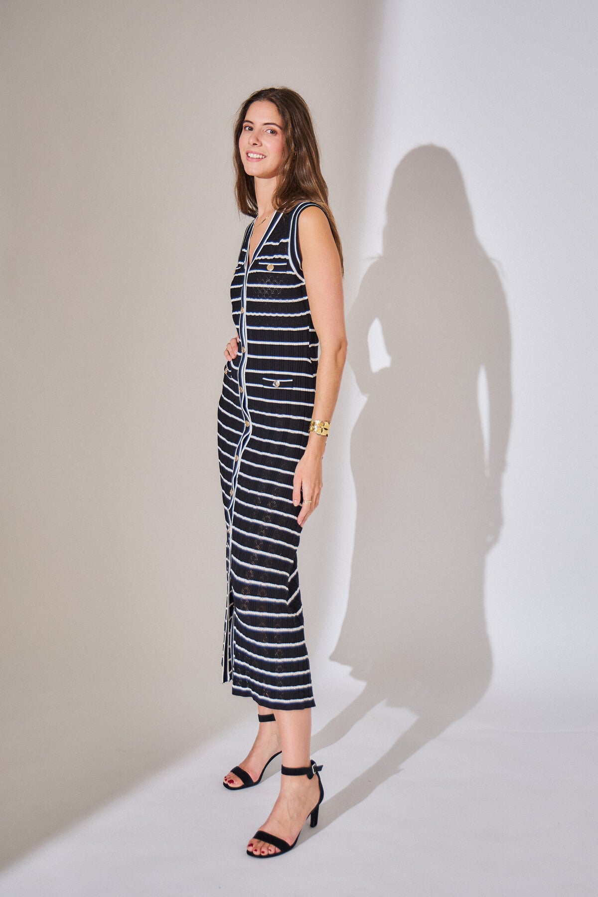 Sophie black stripe long dress with gold buttons