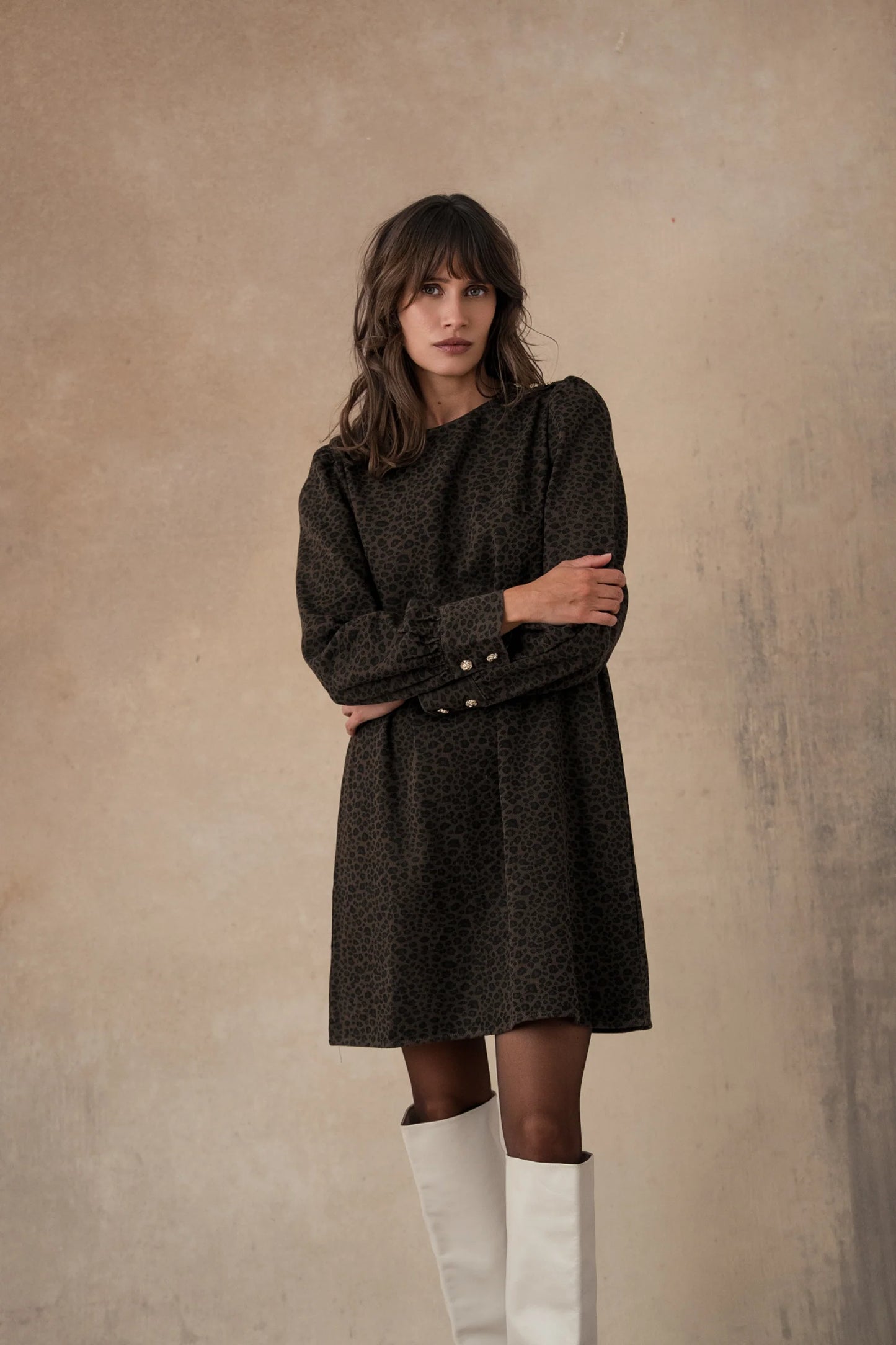 Celestine chocolate leopard denim dress